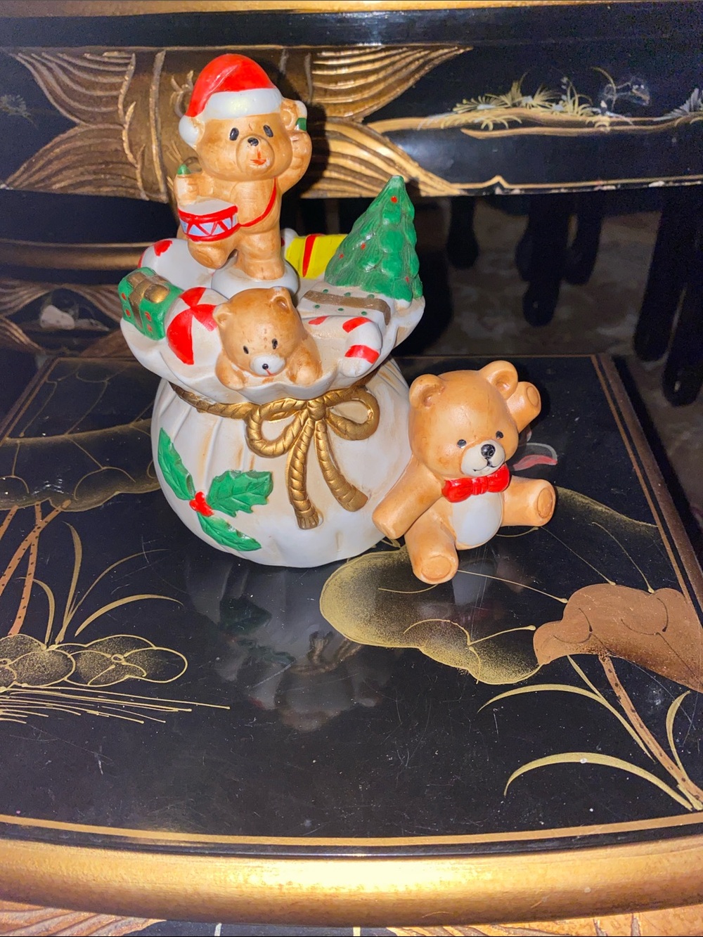 ceramic Christmas music box, teddy bear and bag of gifts